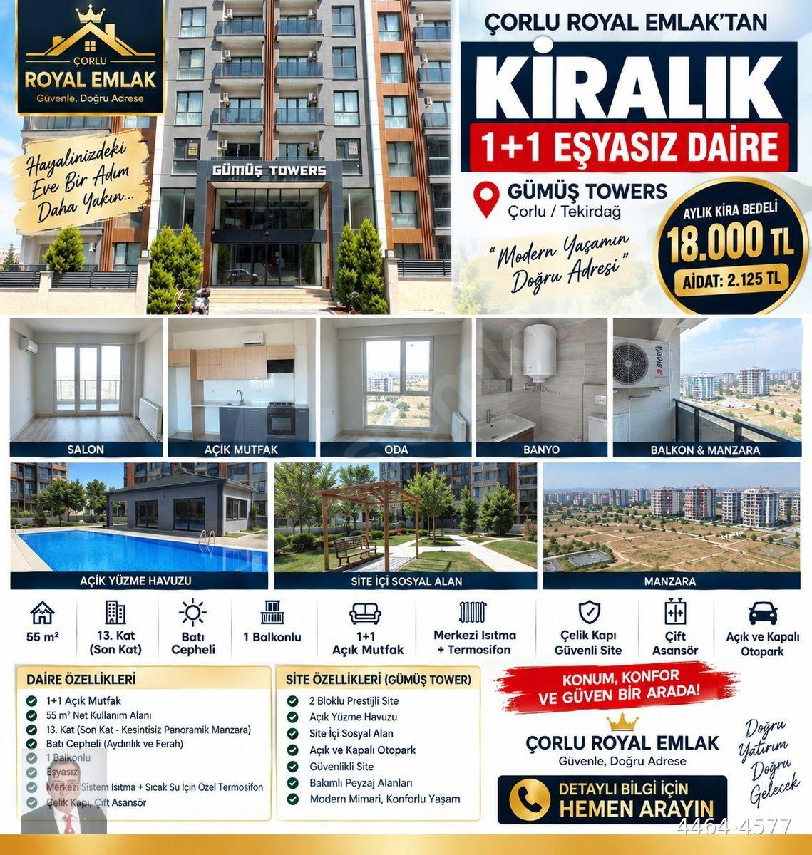 HÜRRİYET MAH. GÜMÜŞ TOWER’DA PANORAMİK MANZARALI KİRALIK 1+1!