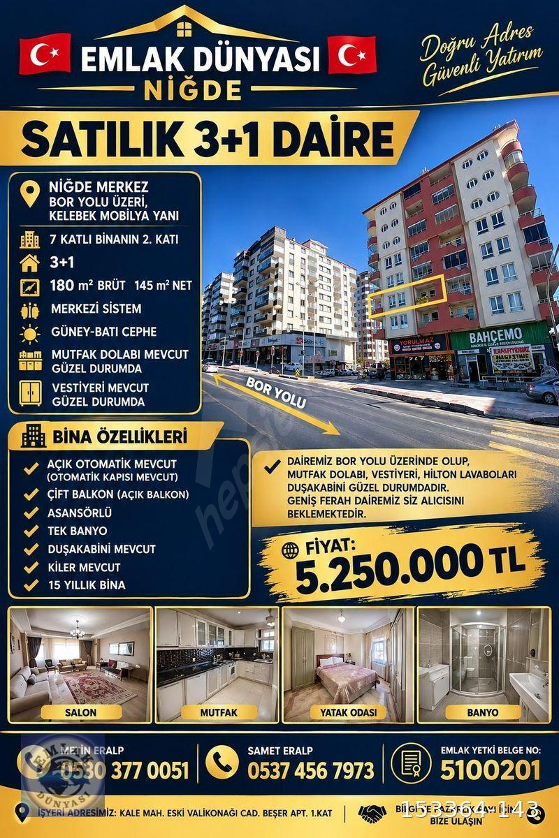 EMLAK DÜNYASI NİĞDE-BOR YOLU ÜZERİNDE 3+1 SATILIK DAİRE