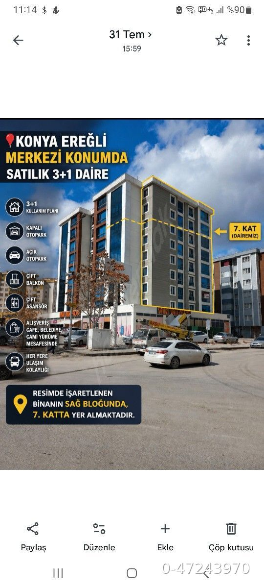 KONYA EREĞLİ MERKEZİ KONUMDA SATILIK 3+1 DAİRE