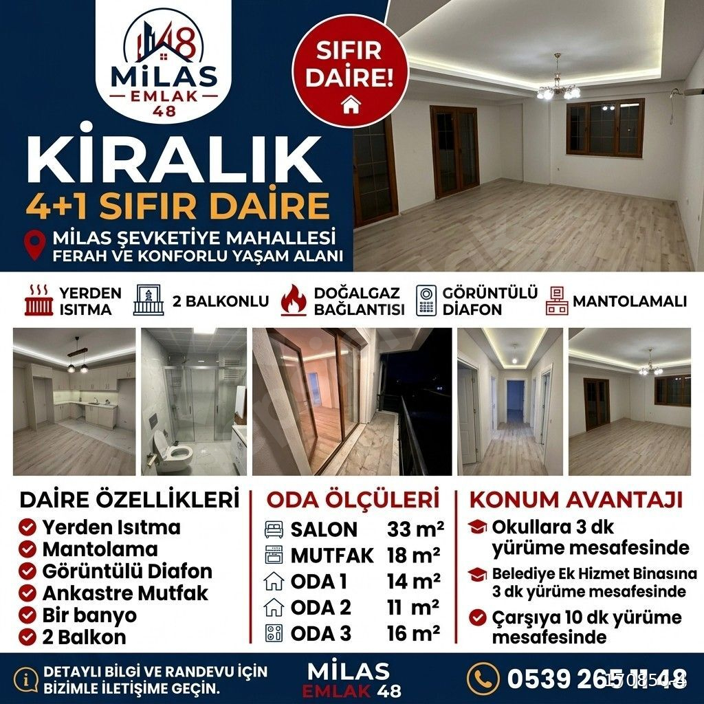 MİLAS EMLAK 48'DEN ŞEVKETİYE MAHALLESİ’NDE SIFIR, DOĞALGAZLI 4+1 KİRALIK DAİRE