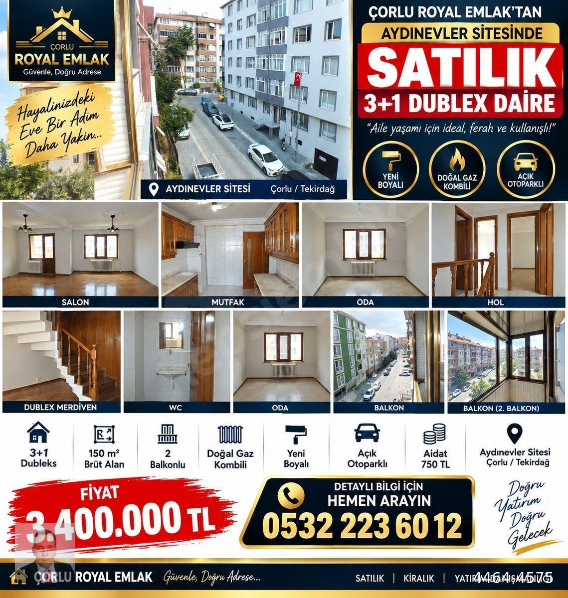 ÇORLU MUHİTTİN MAHALLESİ AYDINEVLER CADDESİ’NDE FIRSAT 3+1 DUBLEKS DAİRE!