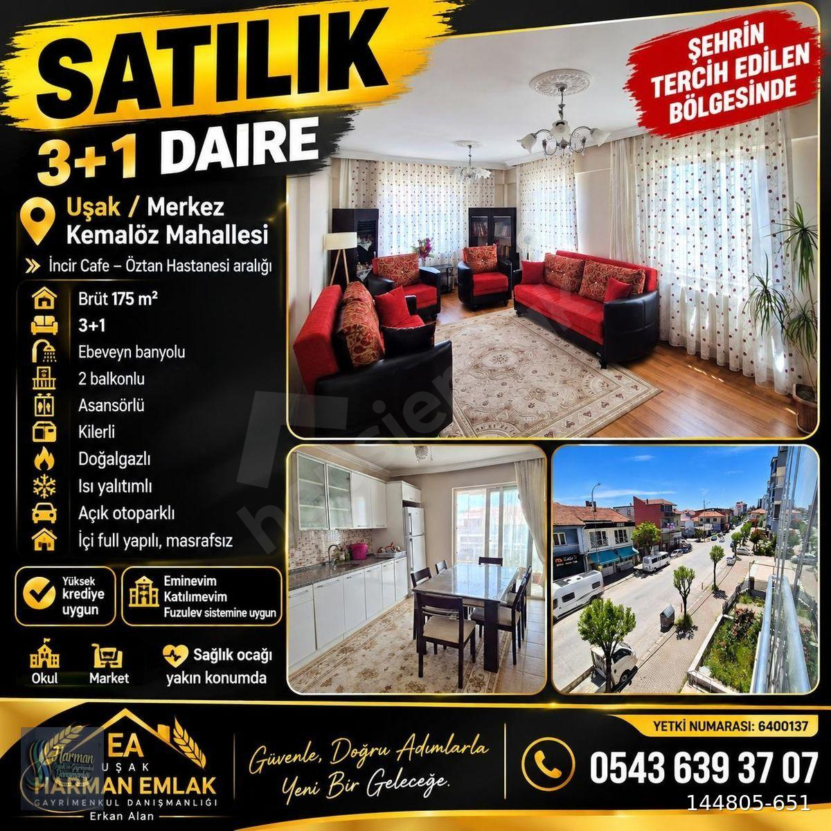 HARMAN EMLAK!TAN EGE BİRLEŞİM YAKINI SATILIK 3+1 DAİRE