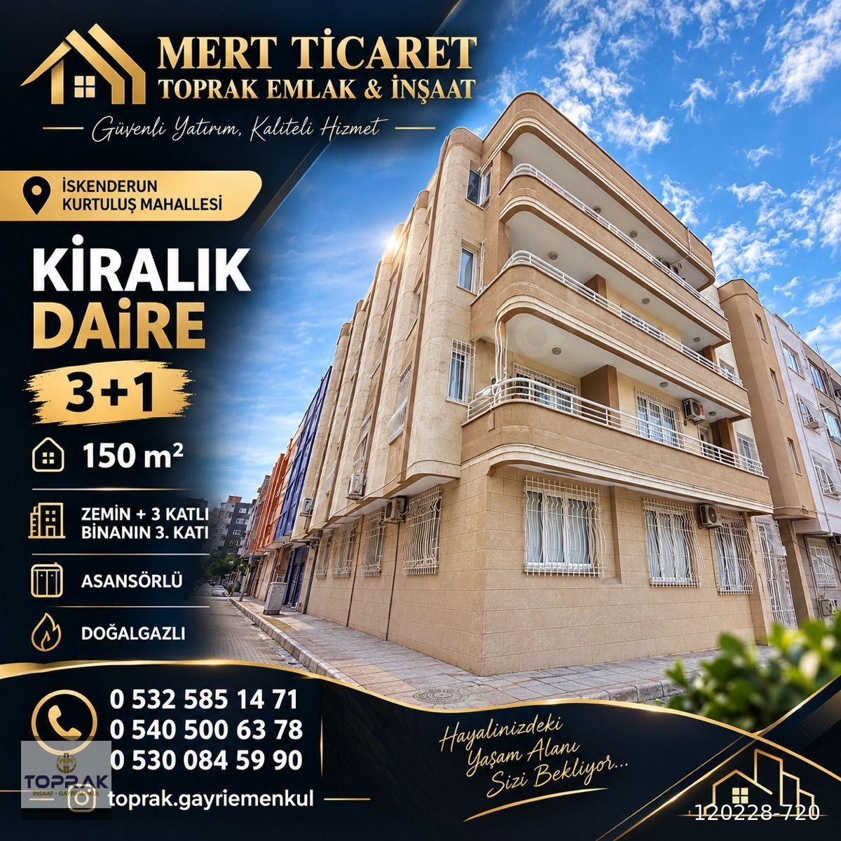 İSKENDERUN KURTULUŞ MAHALLESİ’NDE KİRALIK 3+1 DOĞALGAZLI DAİRE