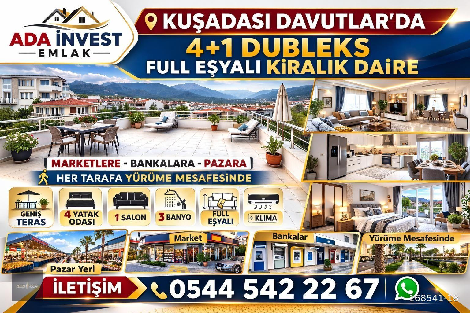 KUŞADASI DAVUTLARDA SIFIR EŞYALI 4+1 DUBLEKS KİRALIK