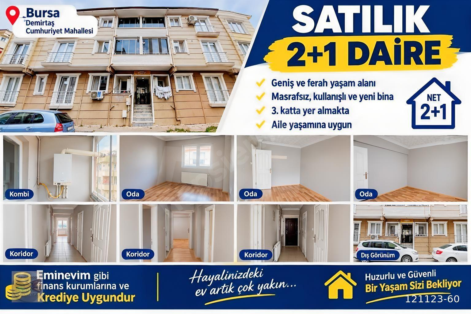 SATILIK DEMİRTAŞ CUMHURİYET MAH. 2+1 3. KAT 100m2MASRAFSIZ DAİRE