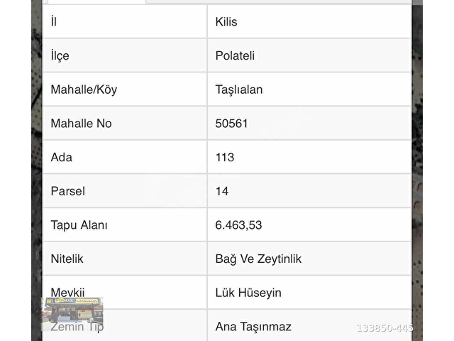 Kilis Polateli taşlıalanda 6463 m2 tek tapu fırsat arazi