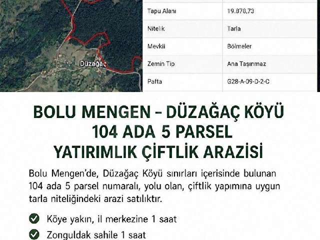  BOLU MENGEN DÜZAĞAÇ KÖYÜNDE YATIRIMLIK ÇİFTLİK ARAZİSİ