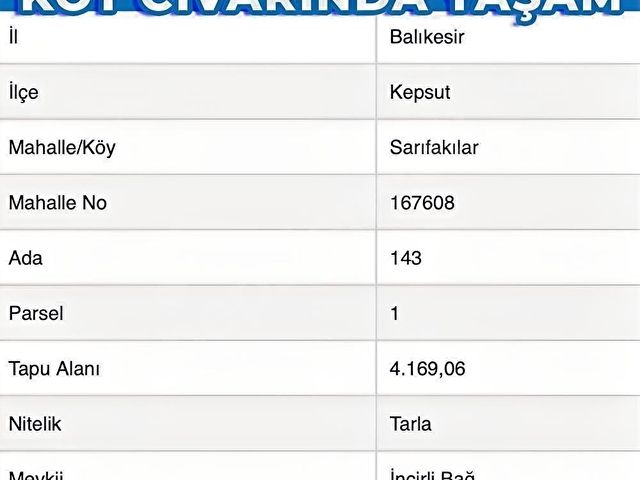 BALIKESİR KEPSUT SARIFAKILARDA KÖYÜN DİBİNDE SATILIK TARLA