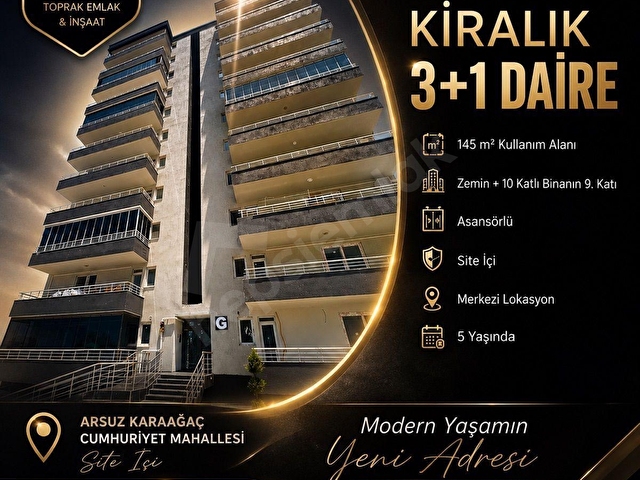 ARSUZ KARAAĞAÇ CUMHURİYET MAHALLESİNDE KİRALIK 3+1 DAİRE