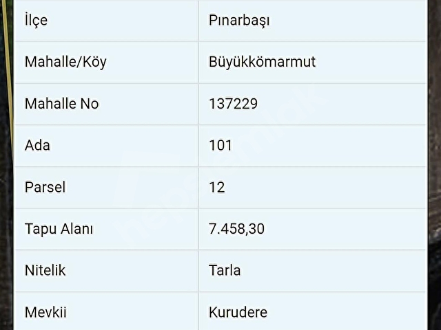 Pınarbaşı Büyük Kömarmut Köyü Tarla