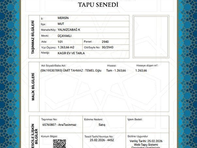 MERSİN MUT MÜSTAKİL EV TAPU SAHİBİ PERTA EMLAK ÜMİT TAHMAZ