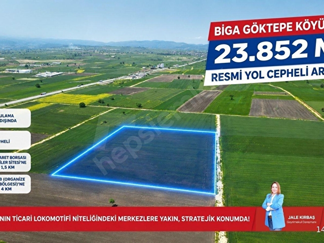 BİGA GÖKTEPE KÖYÜ’NDE 23.852 M² RESMİ YOL CEPHELİ YATIRIMLIK ARAZİ