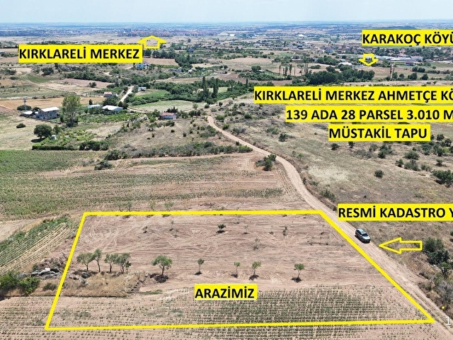 Kırklareli merkez Ahmetçe köyü Satılık 3.010 m² Yola Cephe fırsat Arazi