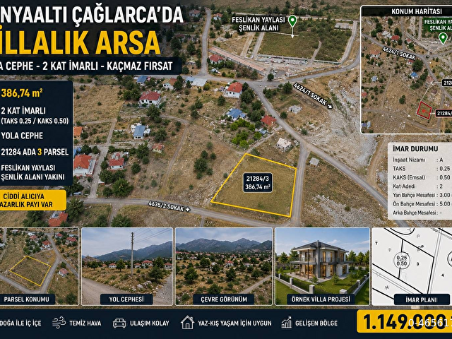 KONYAALTI ÇAĞLARCA’DA VİLLA YAPMAYA HAZIR ARSA – YOLA CEPHE – KAÇMAZ FIRSAT