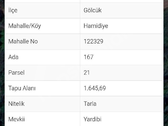 KOCAELİ/GÖLCÜK/HAMİDİYE SATILIK TARLA 1645,59 M2 - Görsel 2