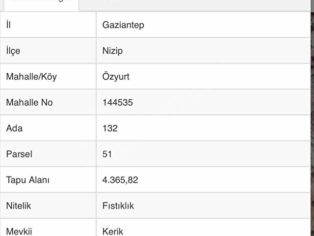 NİZİP ÖZYURT 4360 m2 SATLIK FISTIKLIK TEK TAPU