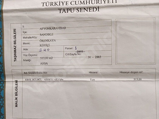 SAHİBİNDEN AFYON SANDIKLI ÖRENKAYA KÖYİÇİNDE İMARLI ARSA 513 M2. KÖŞE 1.PARSEL ACİL SATILIK. - Görsel 4