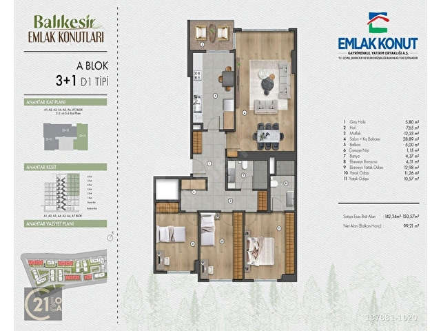 C21 LOCADAN EMLAK KONUTTA 3+1 SIFIR KİRALIK ARA KAT DAİRE