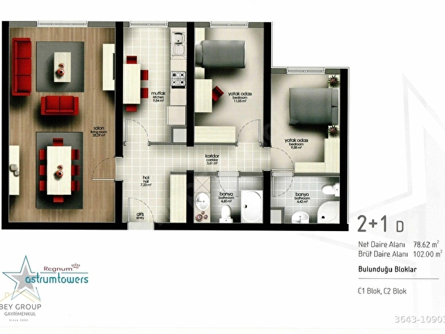REGNUM ASTRUM TOWERS DA SATILIK UYGUN FİYATLI 2+1 K.MUTFAK DAİRE - Görsel 5