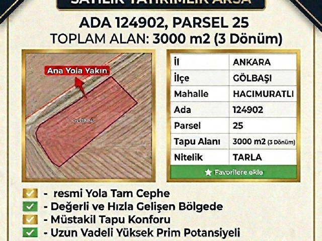 GÖLBAŞI HACIMURATLI MAHALLESİ 3.000 M2 MÜSTAKİL PARSEL