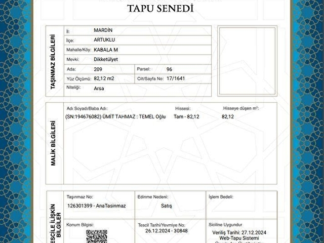 MARDİN ARTUKLU  KOMPLE BİNA VE ARSASI TAPU SAHİBİ PERTA EMLAK  ÜMİT TAHMAZ