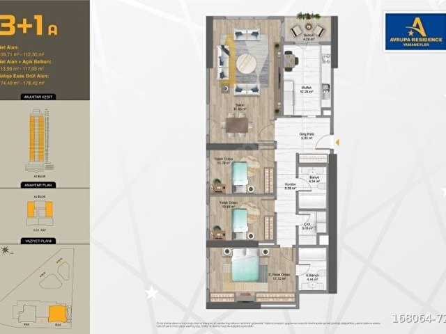 AVRUPA KONUTLARI RESİDENCE YAMANEVLER SATILIK KÖŞE 3+1 DAİRE