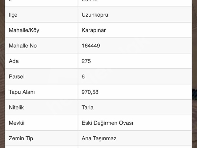 ÖZTRAKYDAN UZUNKÖPRÜ KARAPINARDA SATILIK TARLA 270 M2