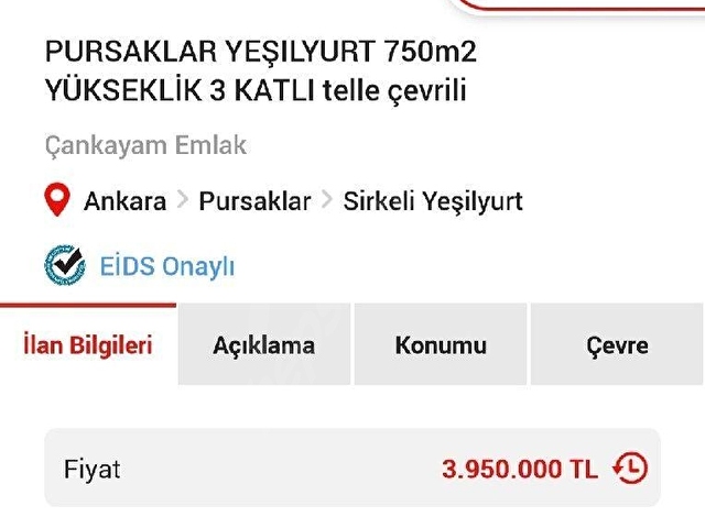 FİYAT DÜŞTÜ (FAVORİLERİN DİKKATİNE)  PURSAKLAR YEŞILYURT 750m2  YÜKSEKLİK 3 KATLI telle çevrili