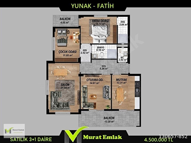 MURAT İNŞAAT EMLAKTAN YUNAK FATİH MAHALLESİNDE SATILIK 3+1 DAİRE - Görsel 4