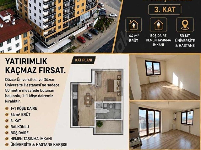 Düzce Üniversitesi Karşısı | Süit 1071de 1+1 Balkonlu Köşe