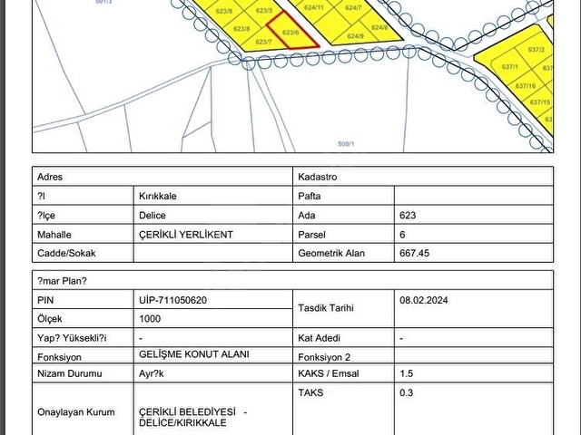 KIRIKKALE DELİCE ÇERİKLİ YERLİKENTTE 667,45 M2 İMARLI ARSA