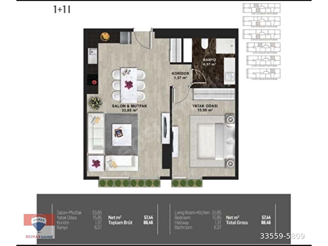 Fikirtepe Mina Towers 9. Kat Geniş I Tipi Net 58 m² 1+1 Daire