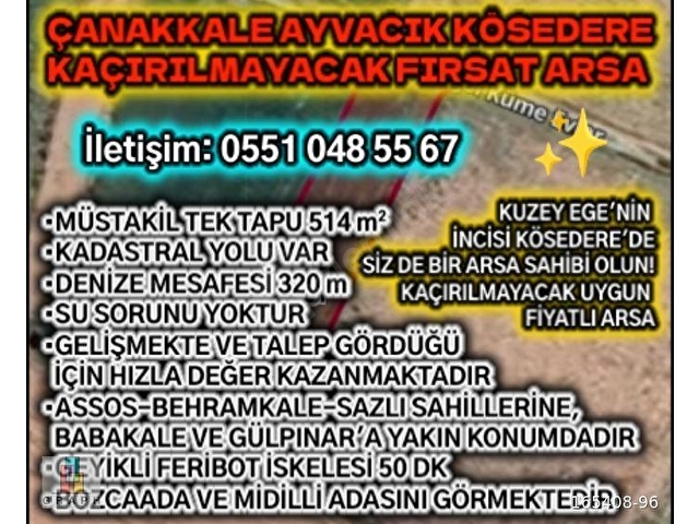 ÇANAKKALE AYVACIK KÖSEDEREDE DENİZ KENARI YATIRIMLIK ARSA!!! - Görsel 2