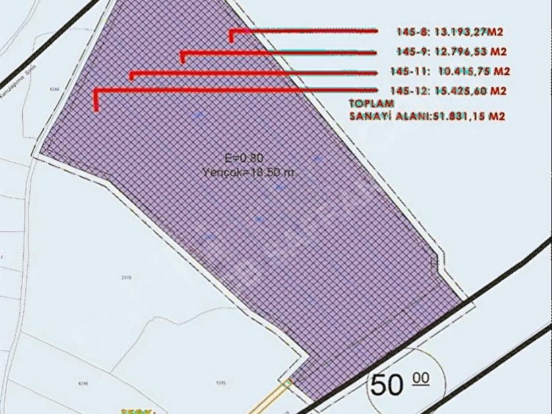 Bursa orhangazi̇ satilik sanayi̇ i̇marli arsa 51831m2 e:0,80 h:18,5