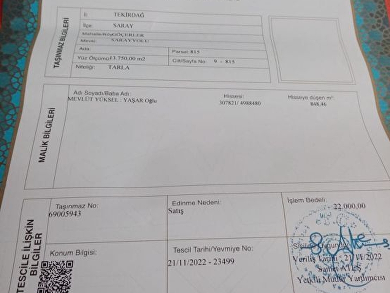 Teki̇rdağ satilik yatirimlik arsa şi̇mdi̇ al seneye 3 katı garantisi veriyorum
