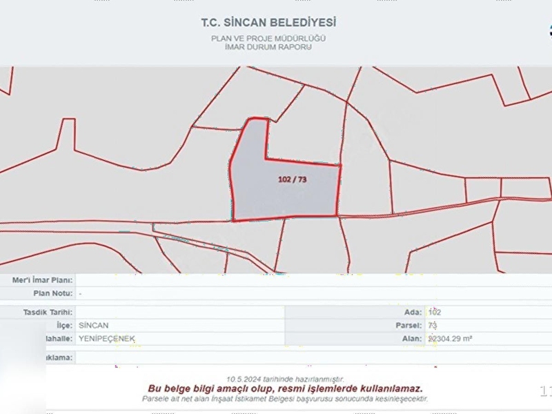 Si̇ncan yeni̇peçenek'de i̇mara yakin satilik 3000 m2 arsa (tarla)