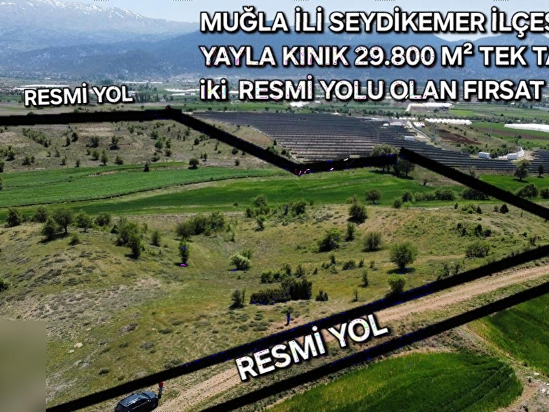 Muğla seydi̇kemer kinik 30 dönüm resmi̇ yola cephe tek tapu arazi̇