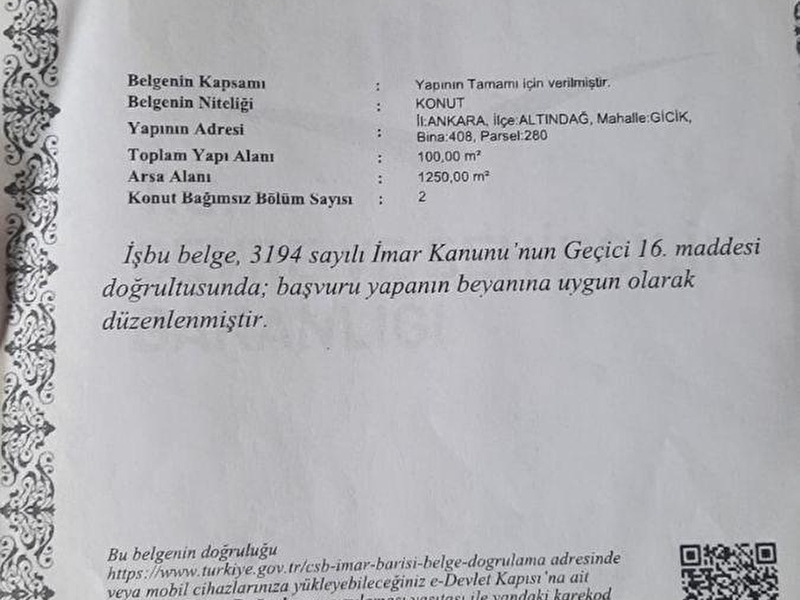 Altindağ gi̇ci̇kte 1250 m2 arsasi 2+1 evi̇ eşyalari yapi kayit belgeli̇ elekti̇ri̇k su aboneli̇kleri̇ açik