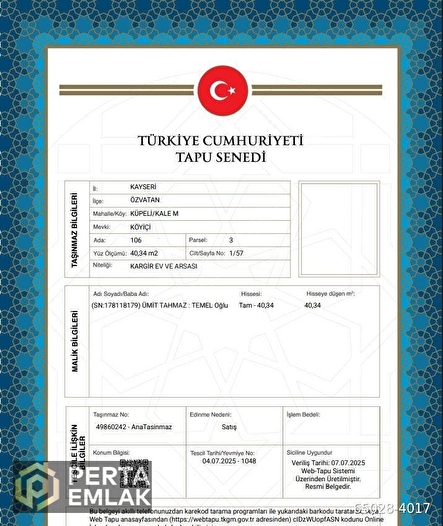 KAYSERİ ÖZVATAN MÜSTAKİL EV TAPU SAHİBİ PERTA EMLAK ÜMİT TAHMAZ