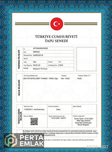 AFYONKARAHİSAR MÜSTAKİL EV TAPU SAHİBİ PERTA EMLAK ÜMİT TAHMAZ