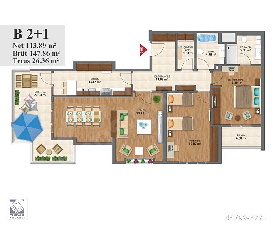 TURYAP'TAN AVRUPA KONUTLARI3 'DE 2+1 147m2 TERASLI SATILIK DAİRE
