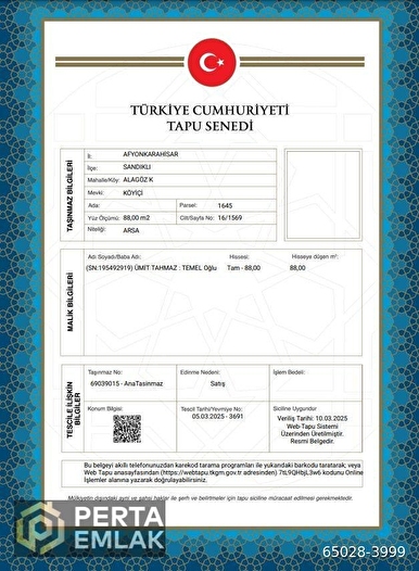 AFYON SANDIKLI MÜSTAKİL EV TAPU SAHİBİ PERTA EMLAK ÜMİT TAHMAZ