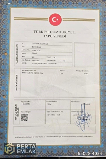 AFYON İSCEHİSAR MÜSATKİL EV TAPU SAHİBİ PERTA EMLAK ÜMİT TAHMAZ